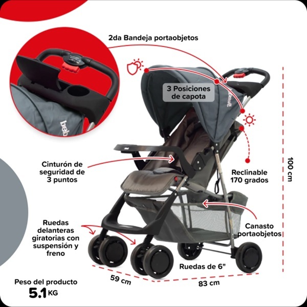 Coche paraguas BEBESIT 1337-LEOS Gris Oscuro - Imagen 3