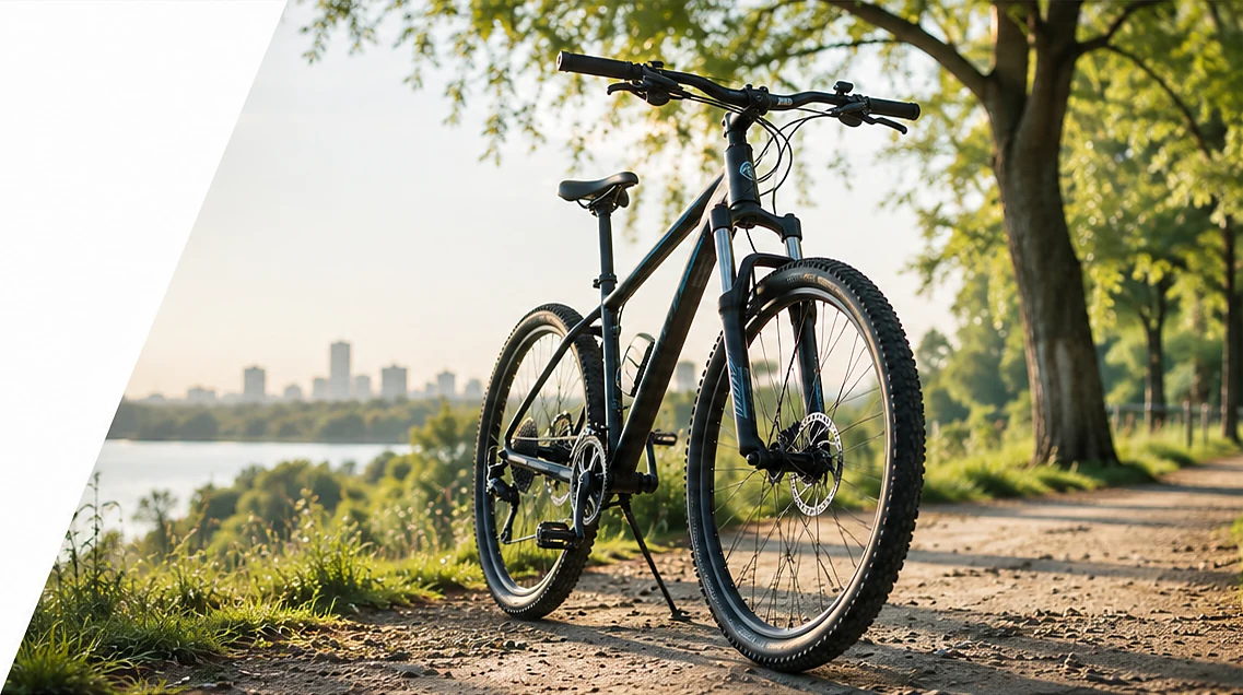 Bicicleta moderna en un entorno luminoso, sin marcas visibles