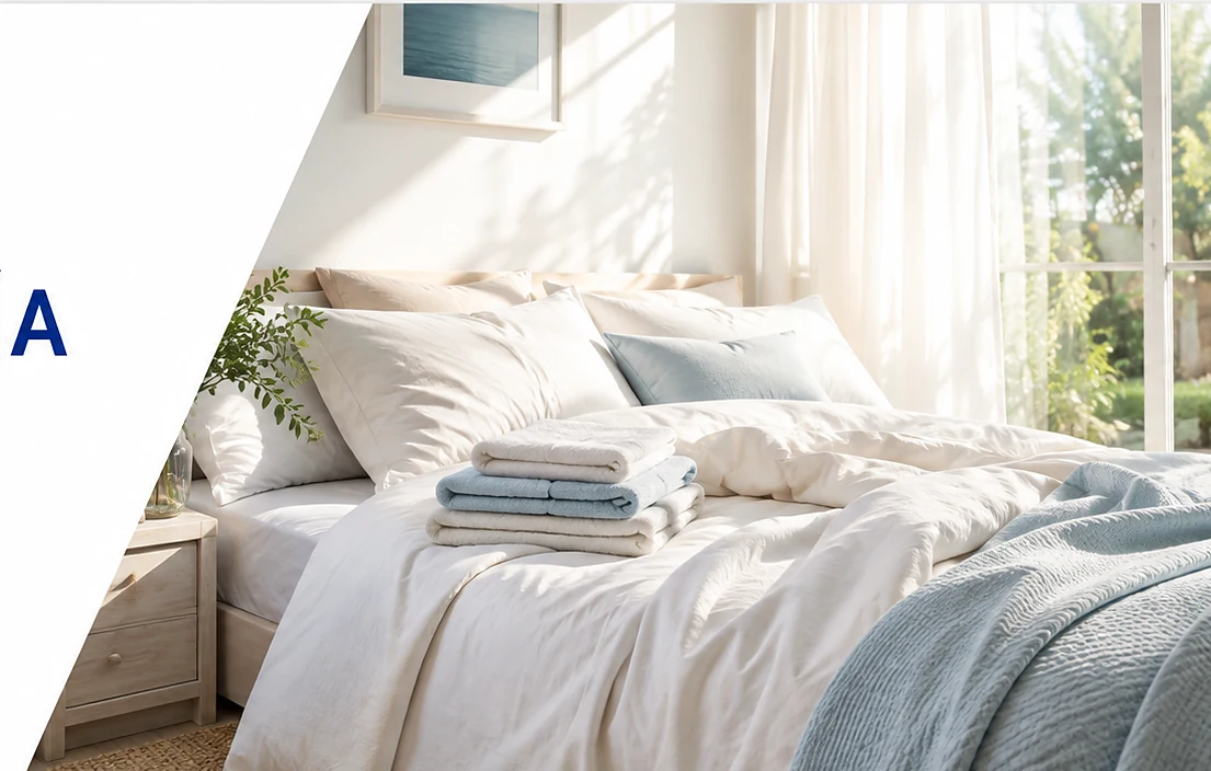 Dormitorio luminoso con textiles claros, sin marcas visibles